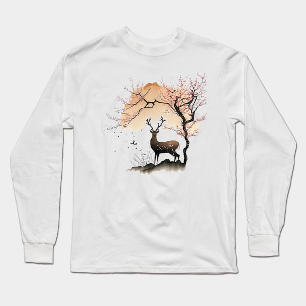 Sumi-e Style Nara Deer and Sakura Long Sleeve T-Shirt by geekmethat